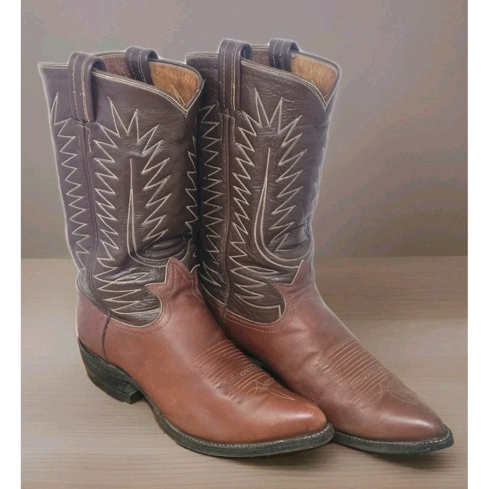 VTG 80's Tony Lama Brown 2‎ Tone Brown Cognac Leather Boots Size 8.5 D Texas